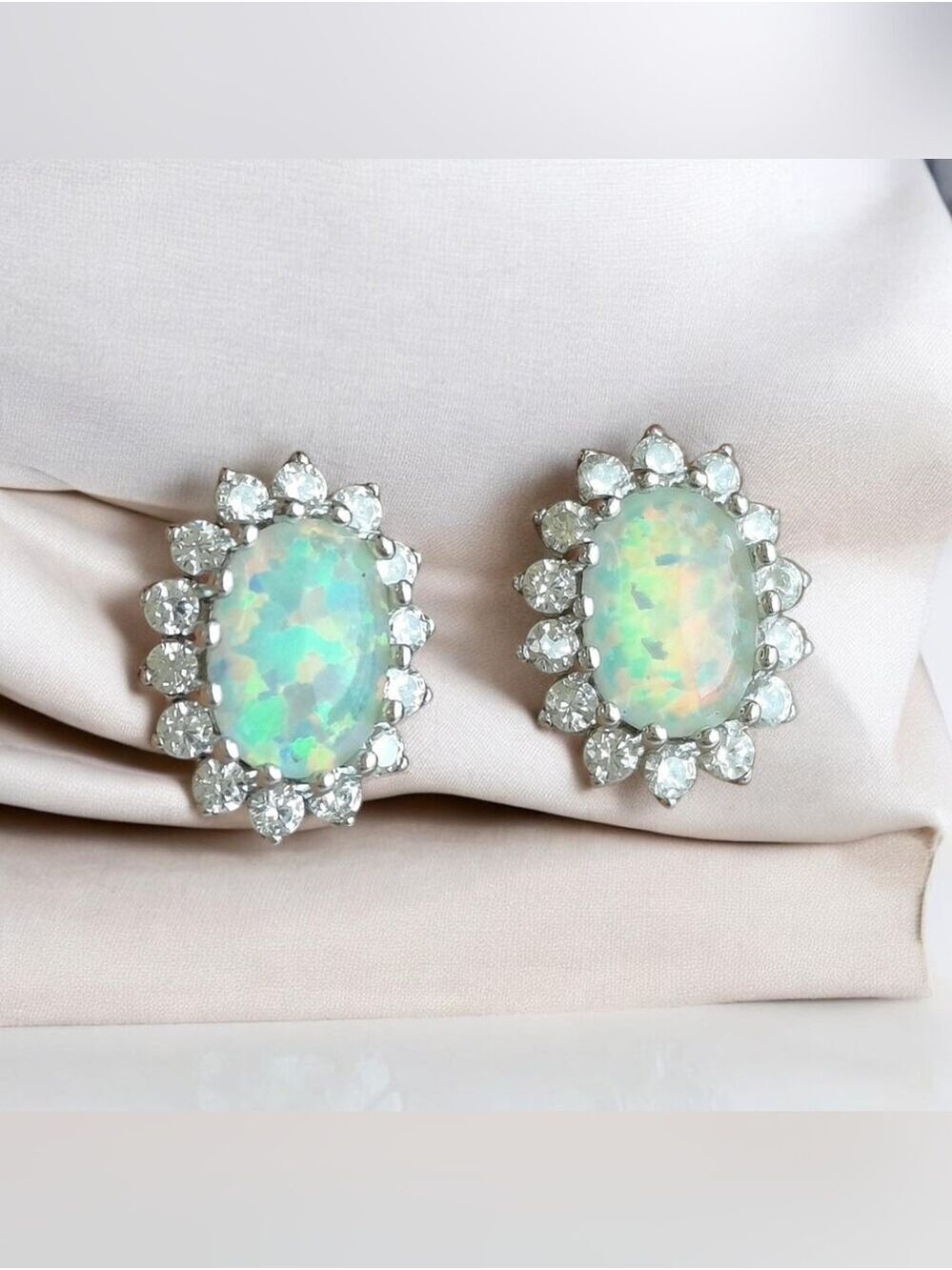 Rainbow Opal Stud Earrings with CZ halos in Sterling Silver 🆕